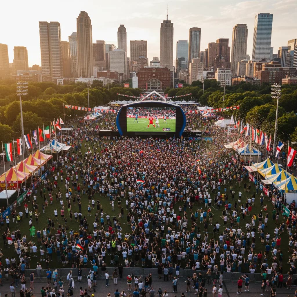 A massive outdoor fan festival with a giant screen showing soccer and a city skyline behind