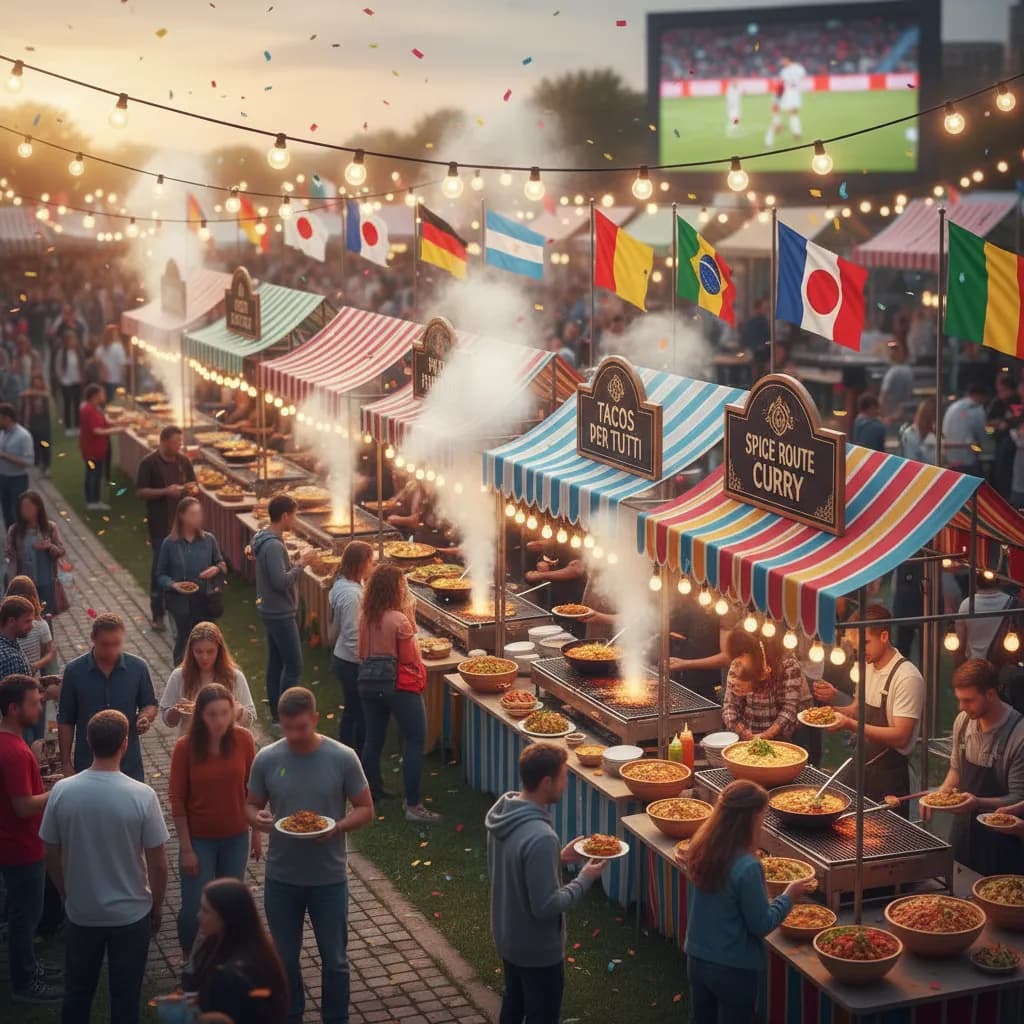 A massive outdoor fan festival with a giant screen showing soccer and a city skyline behind