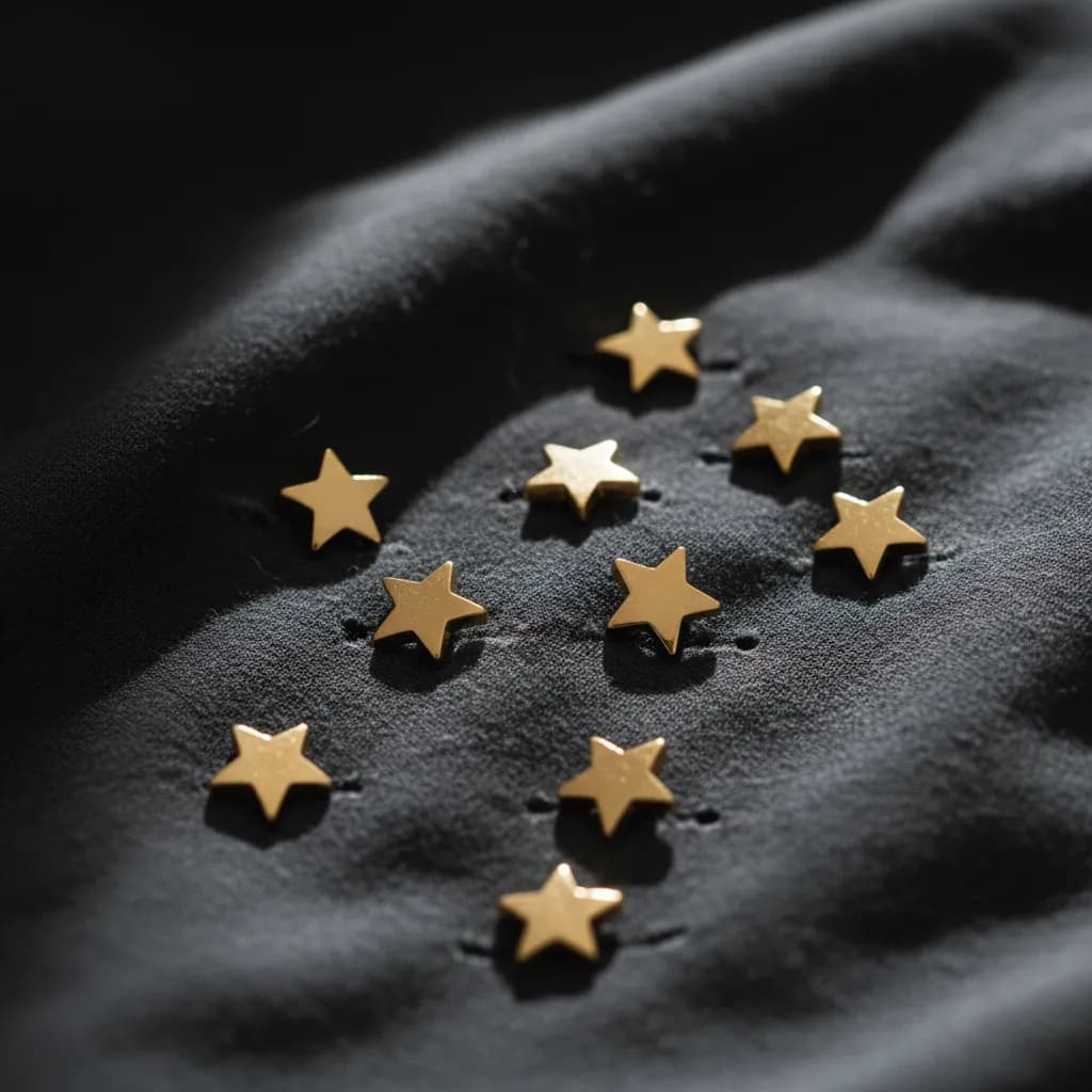 Seven golden star pins scattered on dark fabric with stitch marks