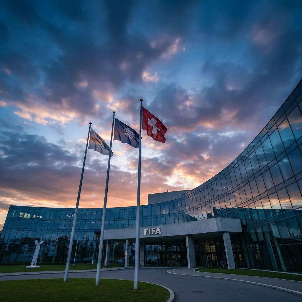 FIFA headquarters building in Zurich with a dramatic sky reflected in its glass facade