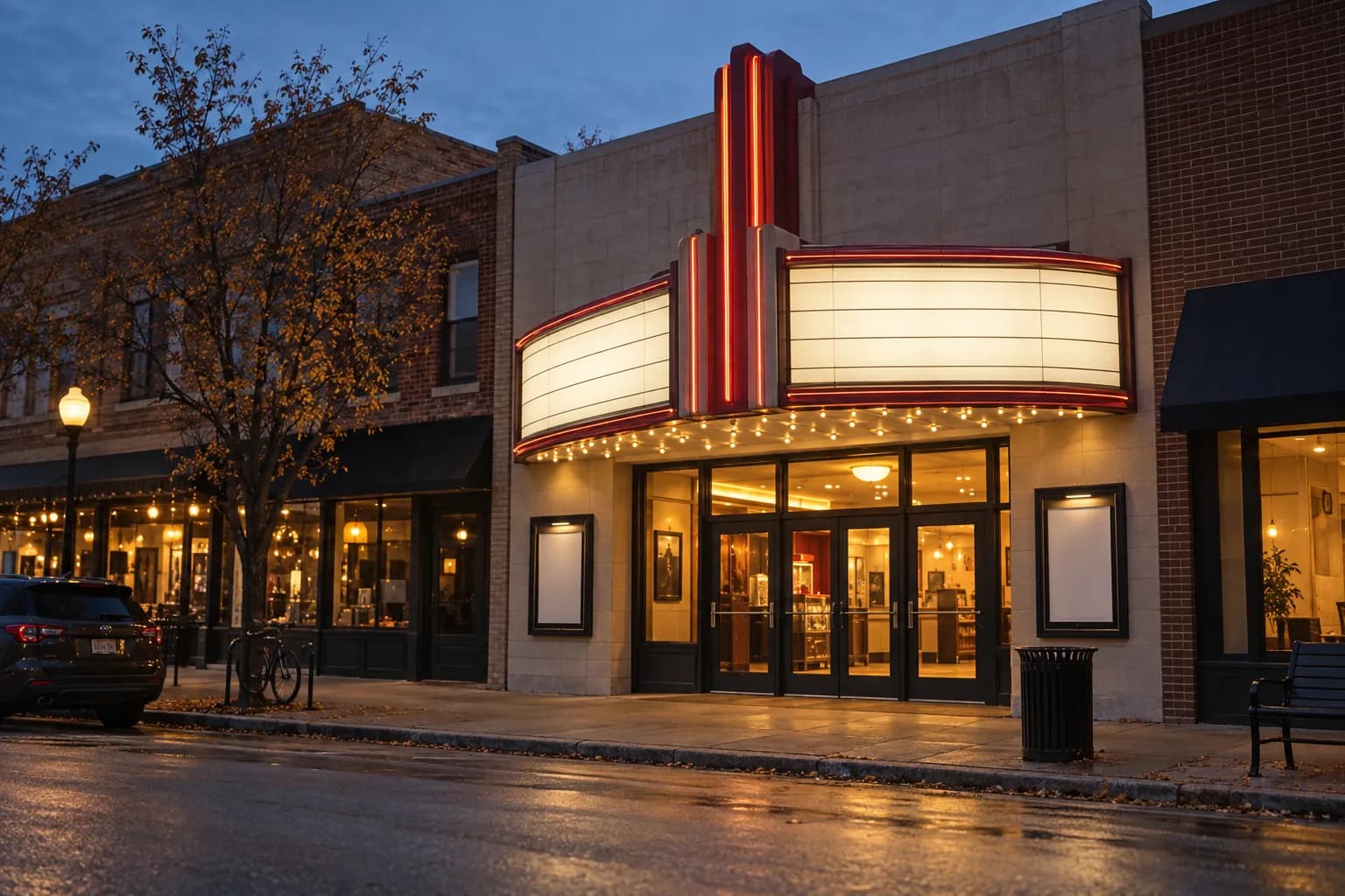 Modest street-front independent cinema at dusk with a projecting marquee, warm glowing lobby doors and blank poster frames flanking the entrance