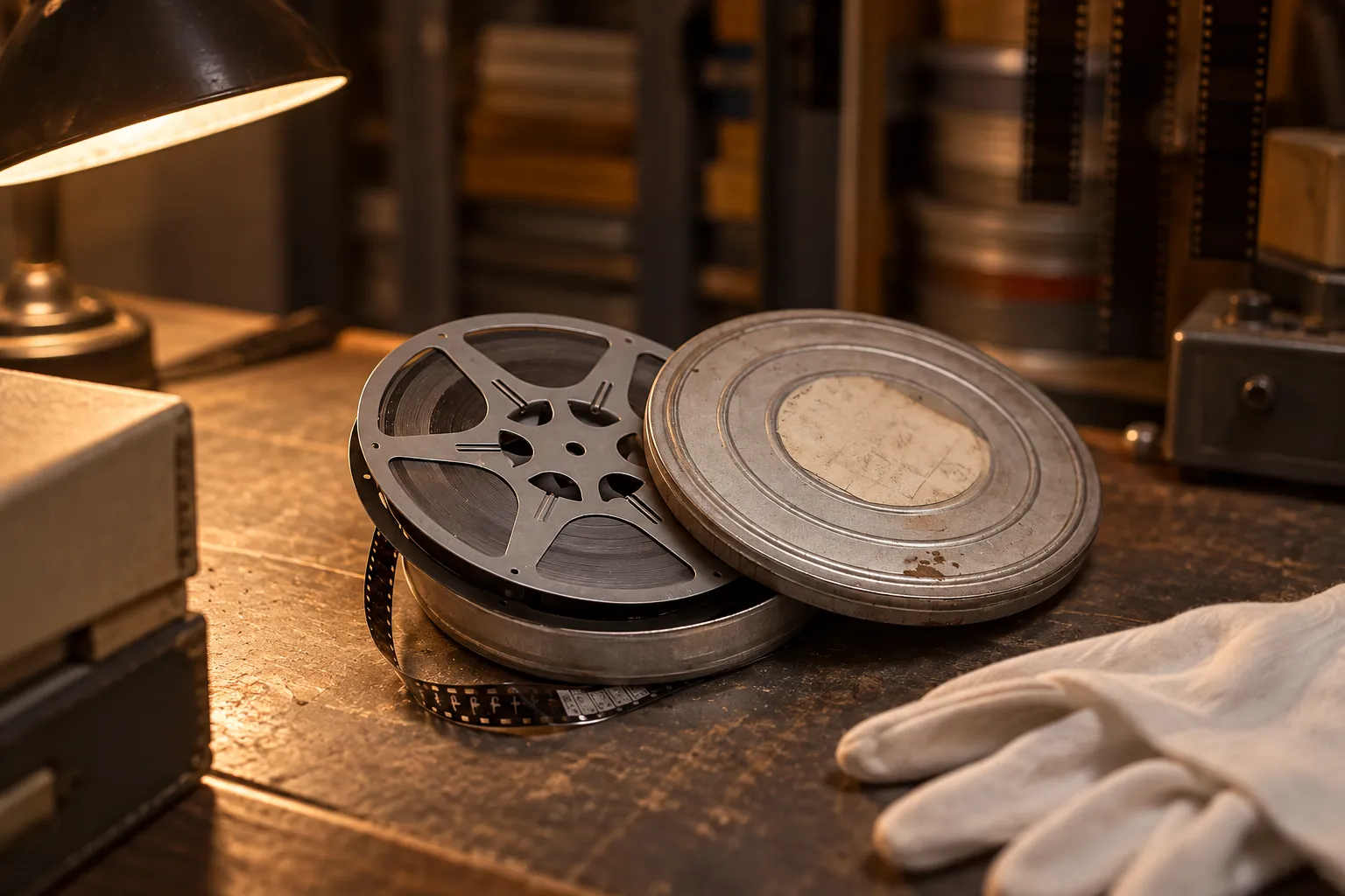Stacked metal film canisters and a mounted reel of 35mm film on a work bench, with white cotton gloves beside them