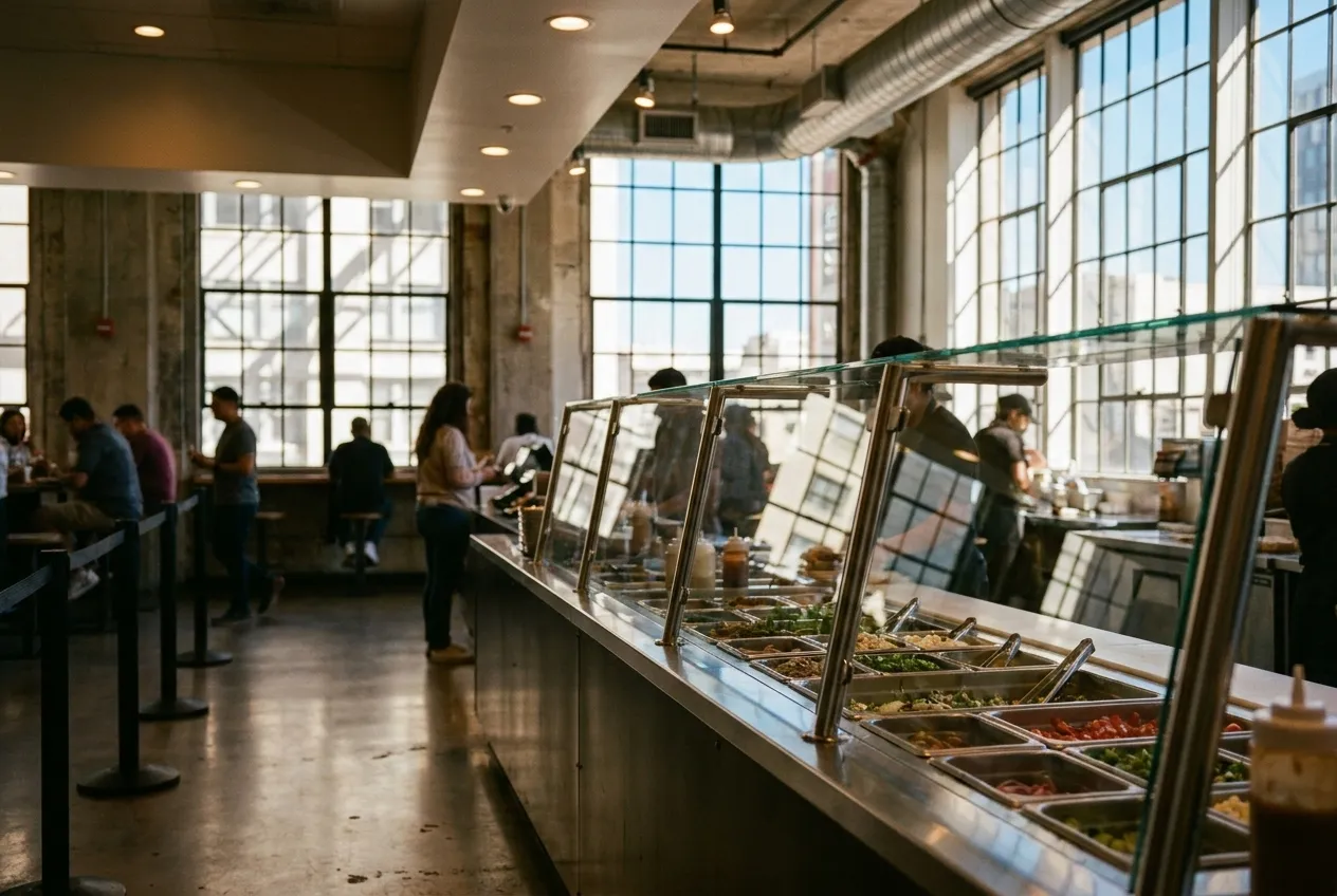 Fast-casual restaurant counter with fresh ingredients and serving line in Downtown Los Angeles