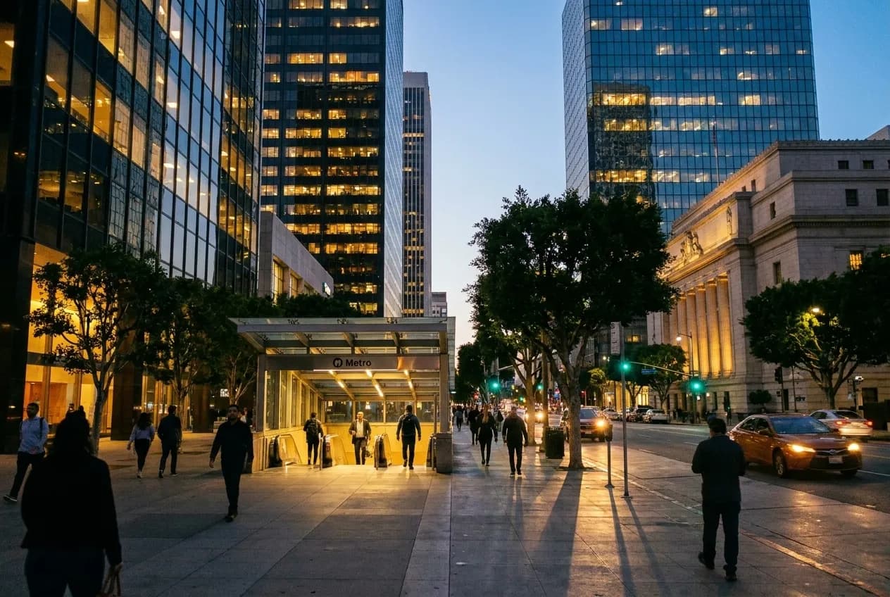 Grand Avenue pedestrian scene at dusk with office towers and metro access in Downtown Los Angeles
