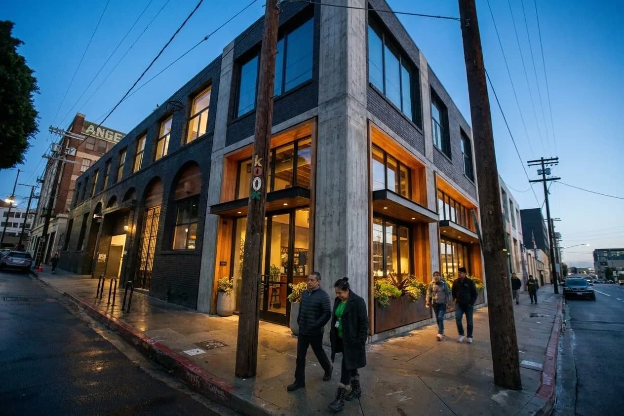Damian restaurant exterior in Los Angeles Arts District at dusk