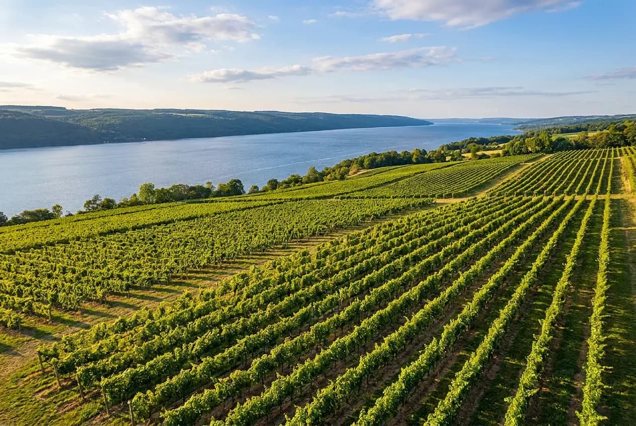 Rows of green vineyard on a hillside sloping down toward a long deep-blue Finger Lake under a summer sky