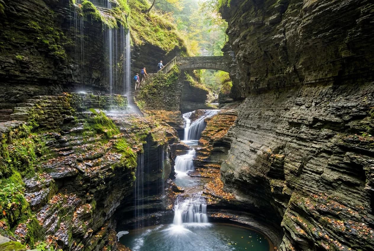 A dramatic slate gorge with waterfalls and a stone footbridge at Watkins Glen State Park near Seneca Lake, with hikers for scale