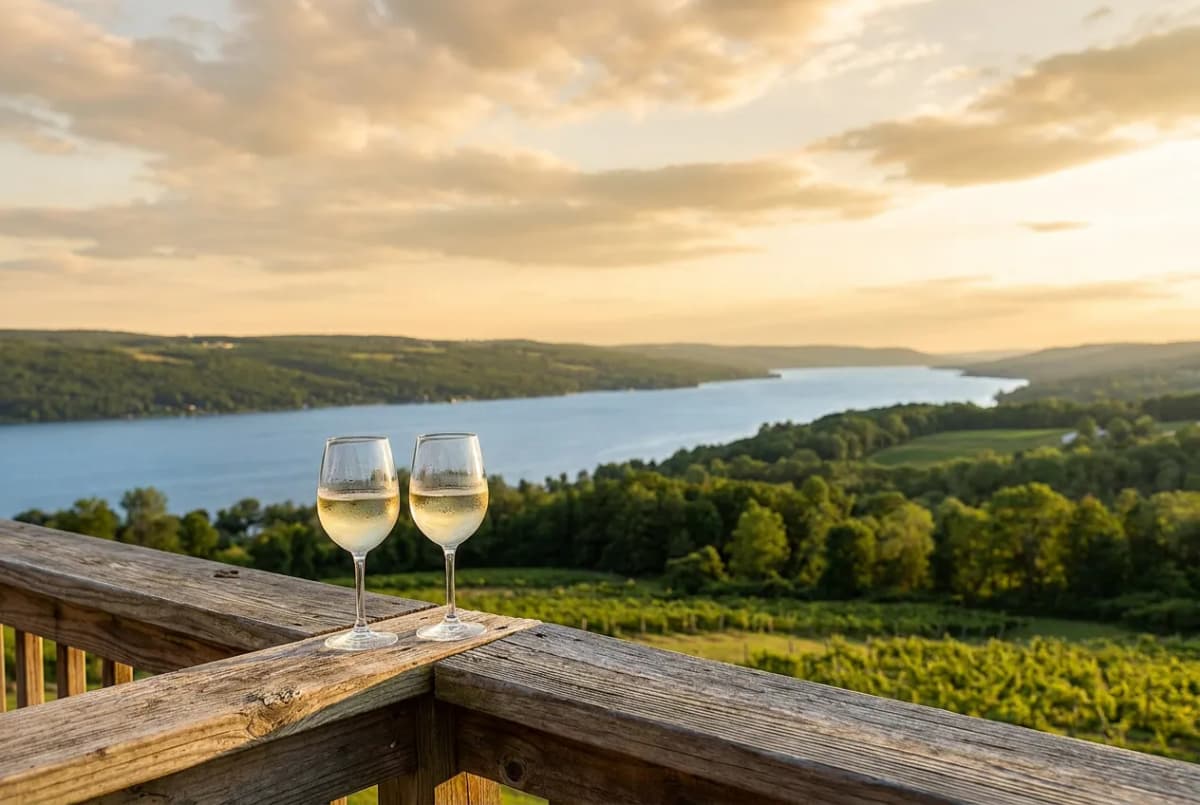 Two glasses of white wine on a rustic wooden tasting-room deck railing overlooking a calm blue Finger Lake at golden hour