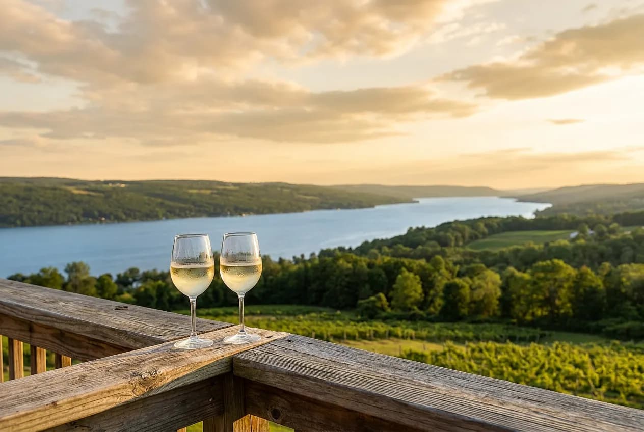 Two glasses of white wine on a rustic wooden tasting-room deck railing overlooking a calm blue Finger Lake at golden hour