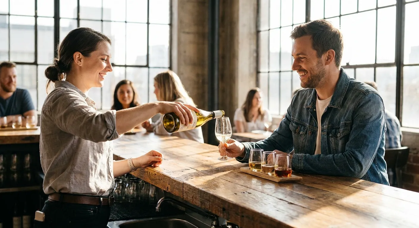 A server pouring a small taste of white wine for a smiling guest at a light-filled tasting room bar