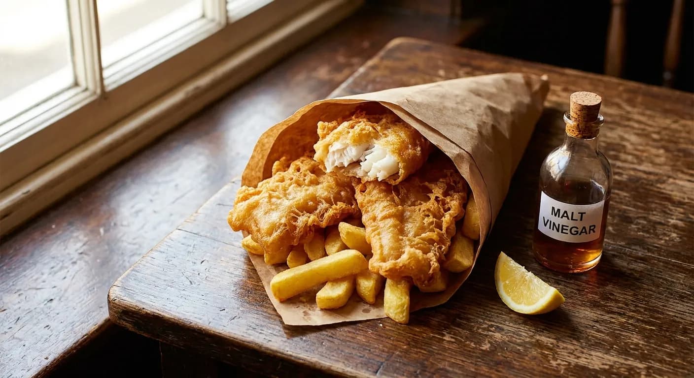 Golden battered fish and thick-cut chips in a paper cone on a wooden pub table with malt vinegar