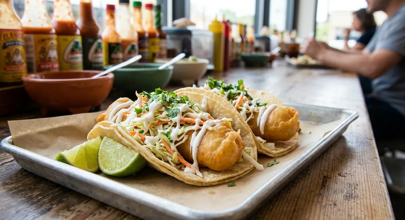 Two beer-battered fish tacos with cabbage slaw and crema on a paper-lined tray