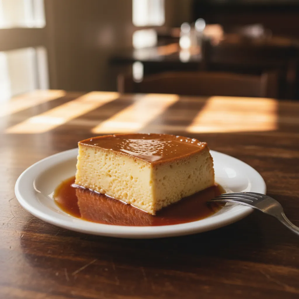 Wedge of Cuban caramel flan with dark amber caramel on a plate at an old-school Miami restaurant