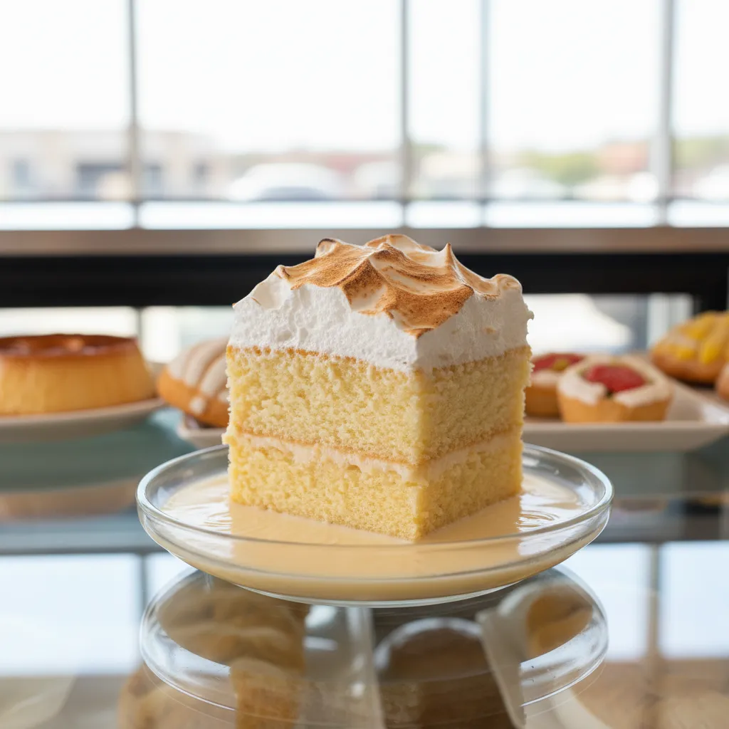 Slice of tres leches cake with toasted meringue sitting in a pool of milk on a bakery counter