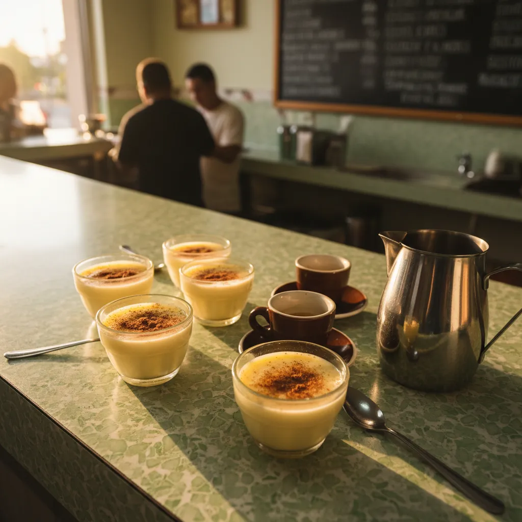 Glass cups of cinnamon-dusted natilla custard on a formica counter with cafecito cups