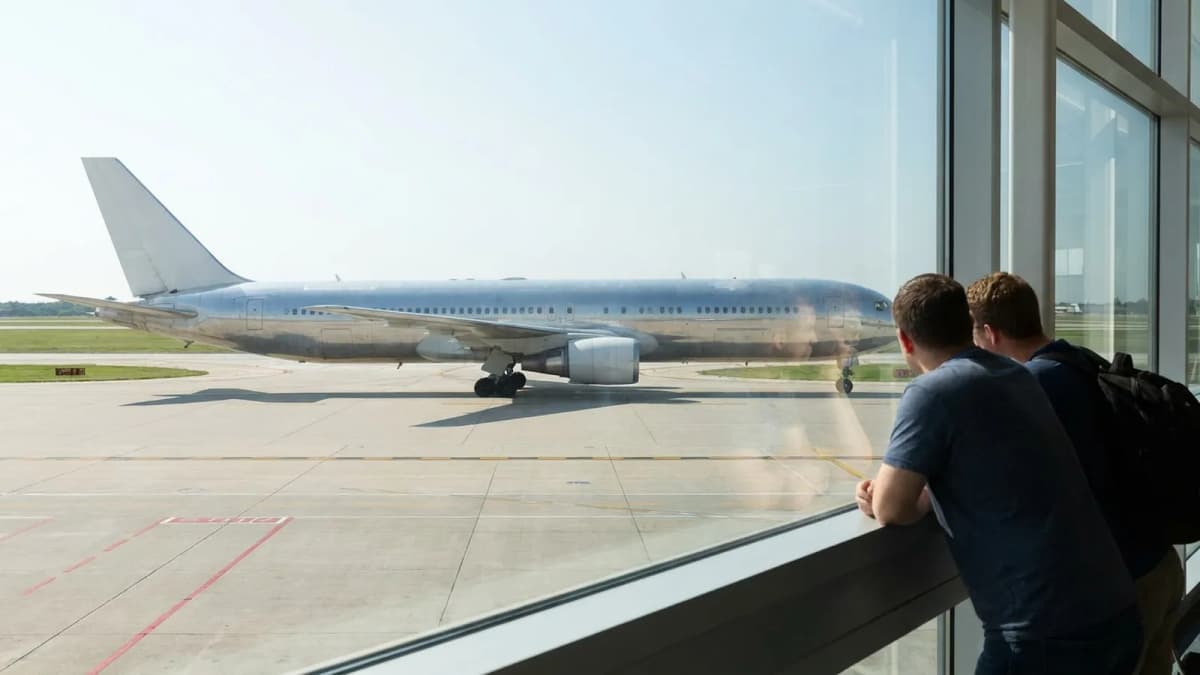 Travelers watching aircraft movement near an airport observation window.