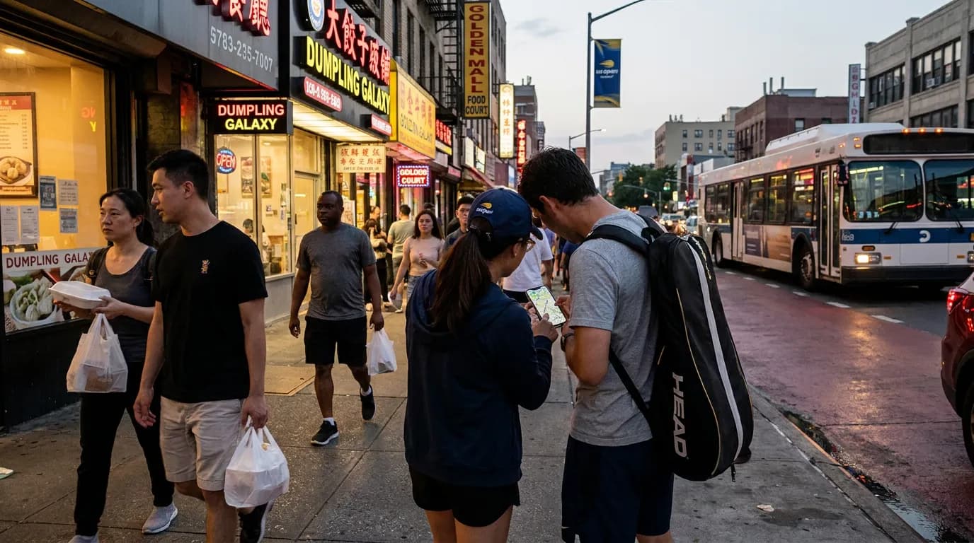 Photorealistic US Open tennis scene for Flushing Food Crawl After a US Open Session.