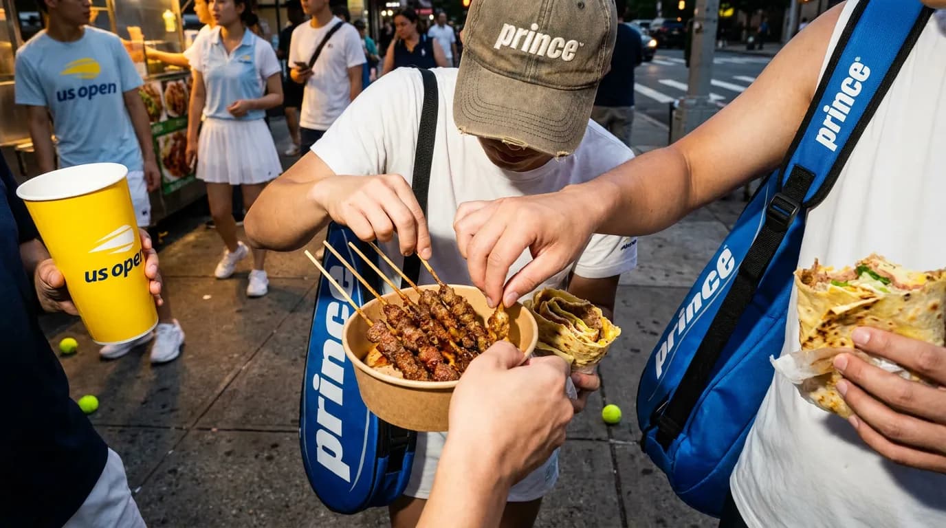 Photorealistic tennis scene illustrating Flushing Food Crawl After a US Open Session.