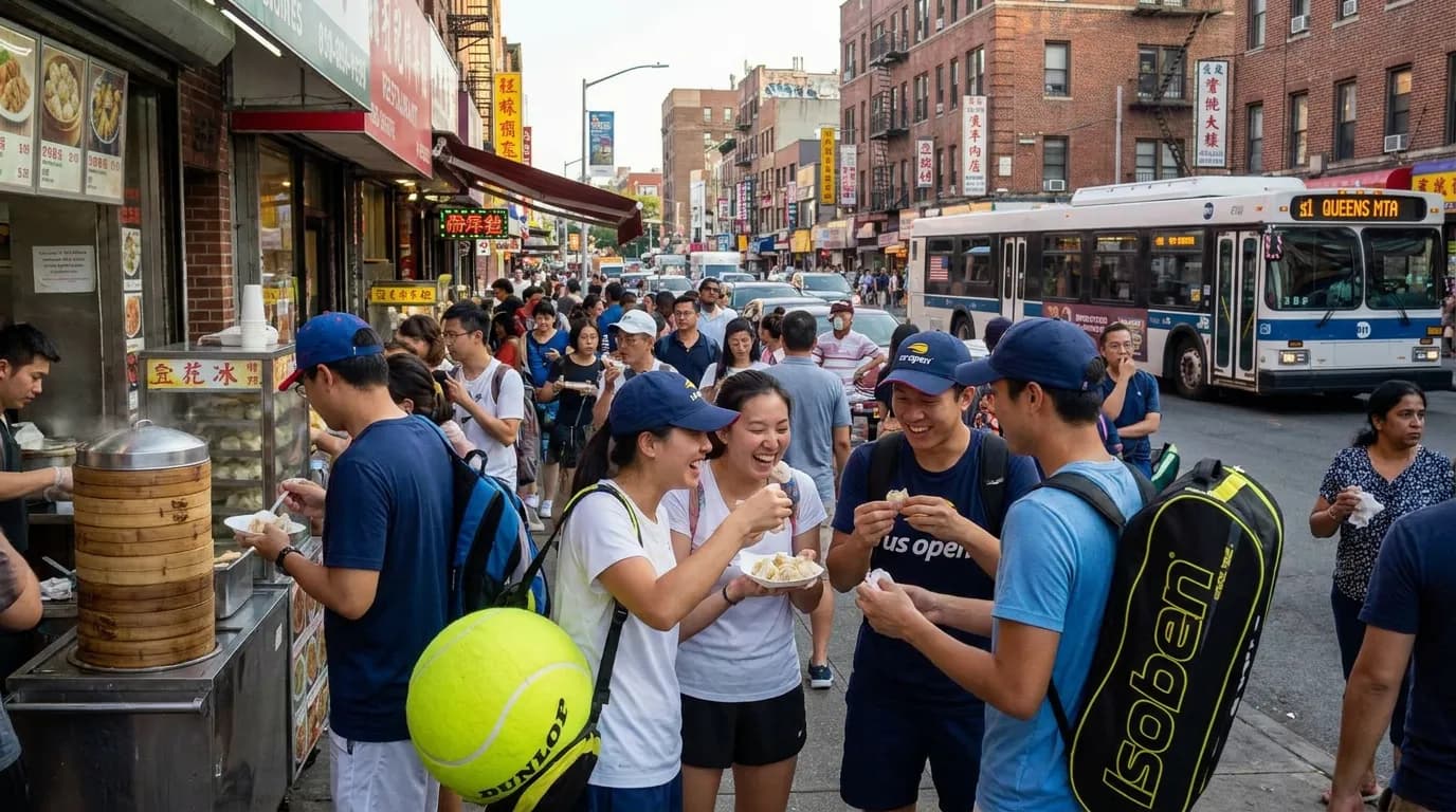 Bright US Open tennis atmosphere illustrating Flushing Food Crawl After a US Open Session.