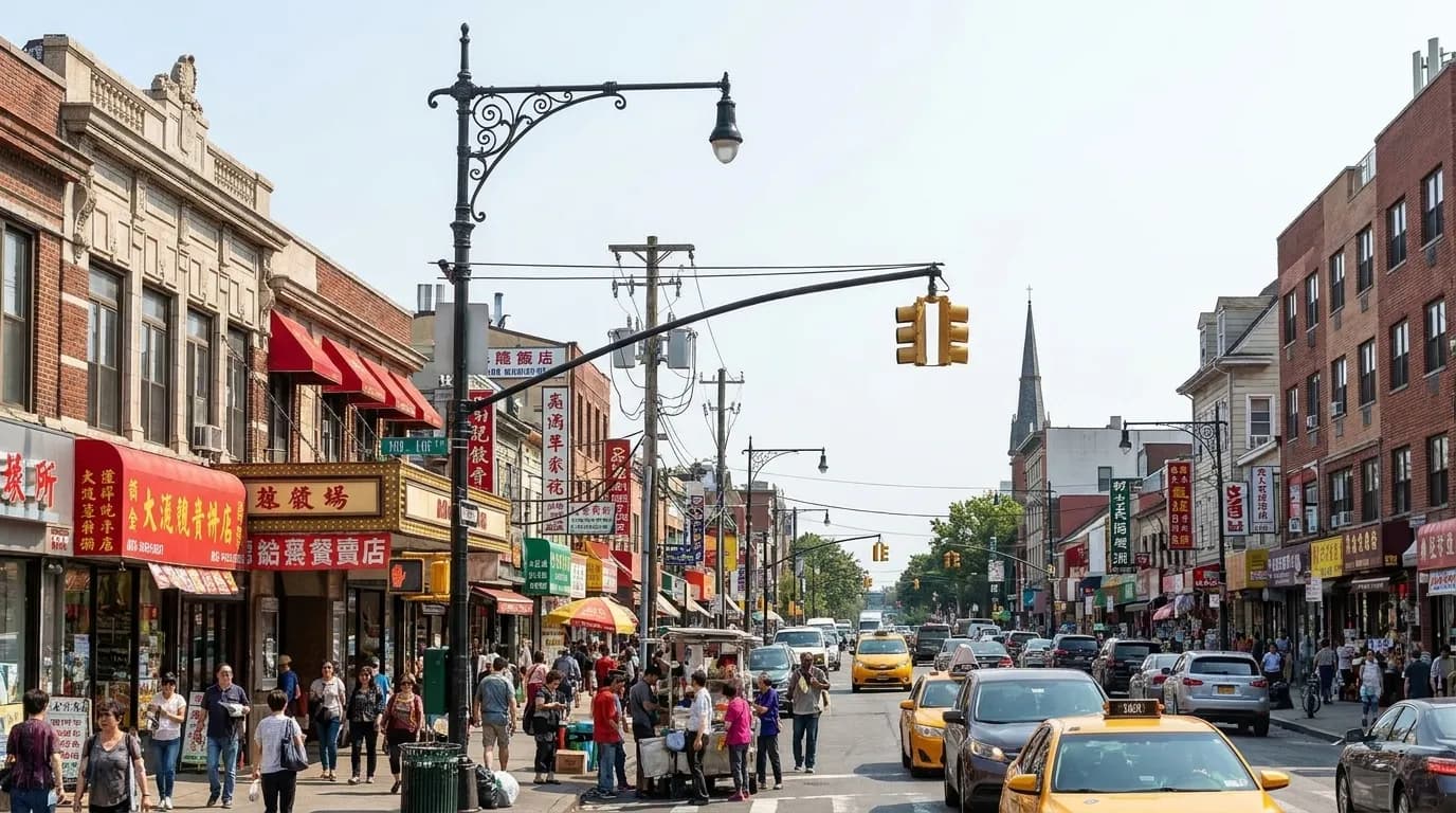 Busy commercial street in Flushing, Queens, with multilingual signage and pedestrians