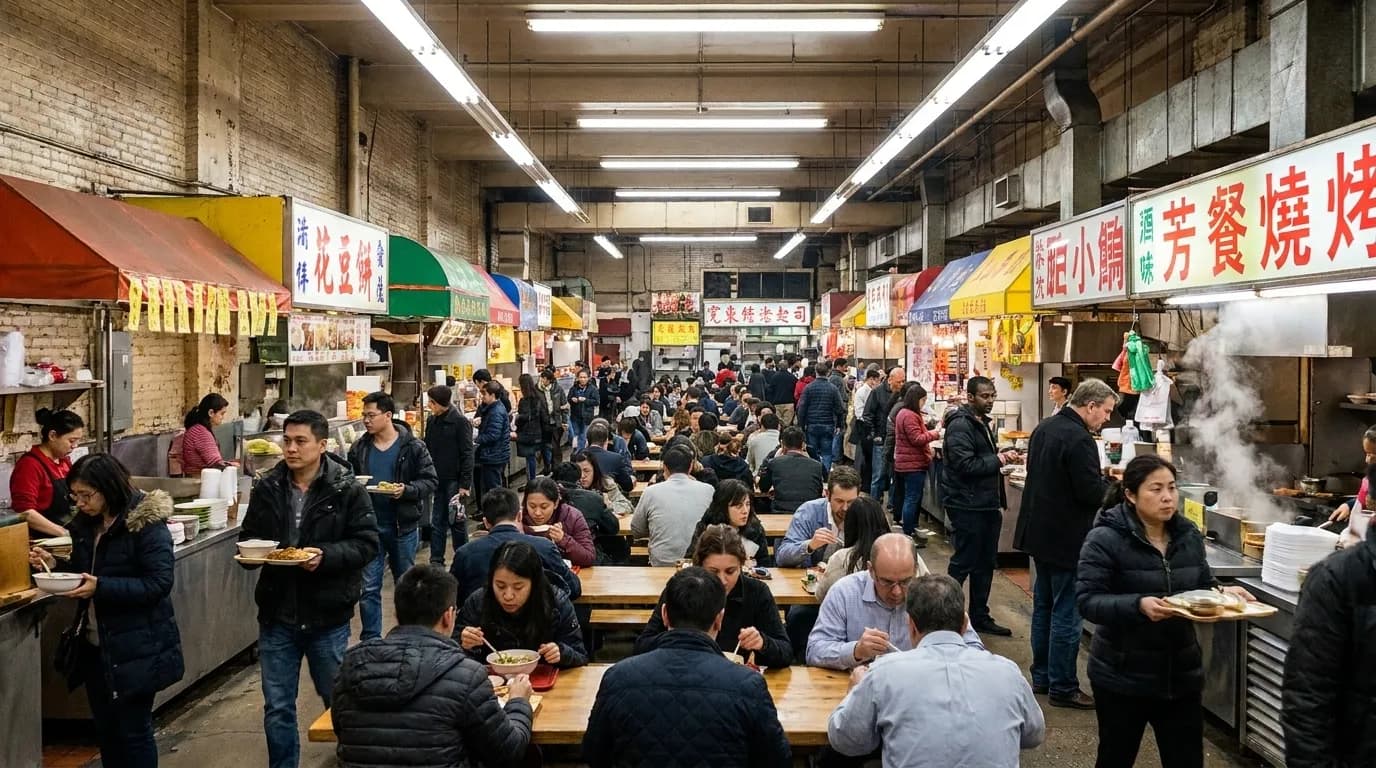 Bustling basement food court with bright signs and communal seating