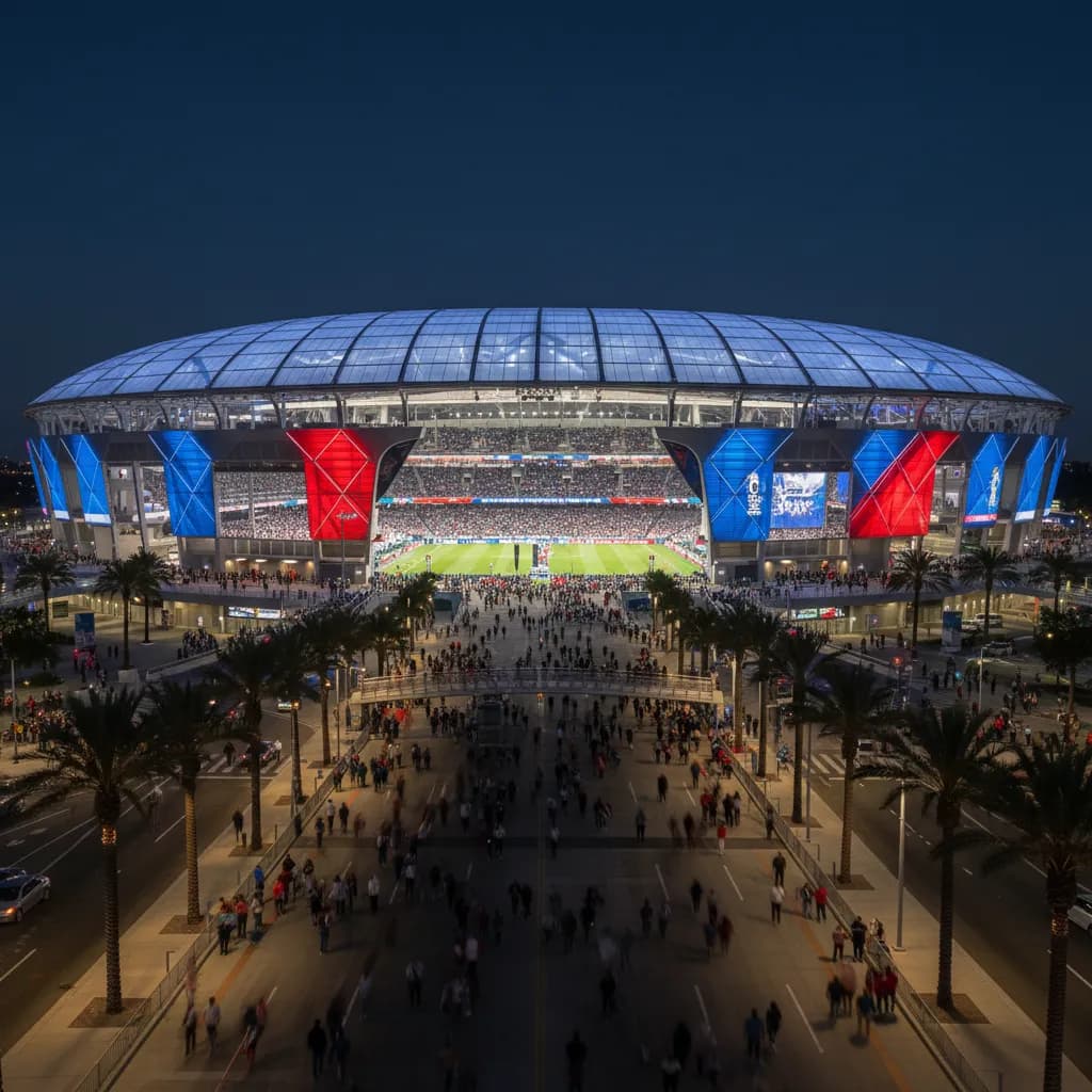 SoFi Stadium illuminated at night for a USMNT World Cup 2026 match