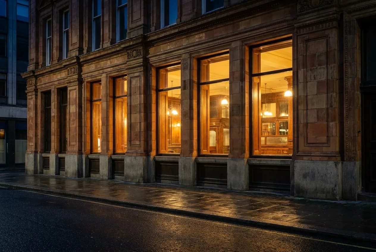 The ground floor of an early twentieth-century downtown building at night with lit windows