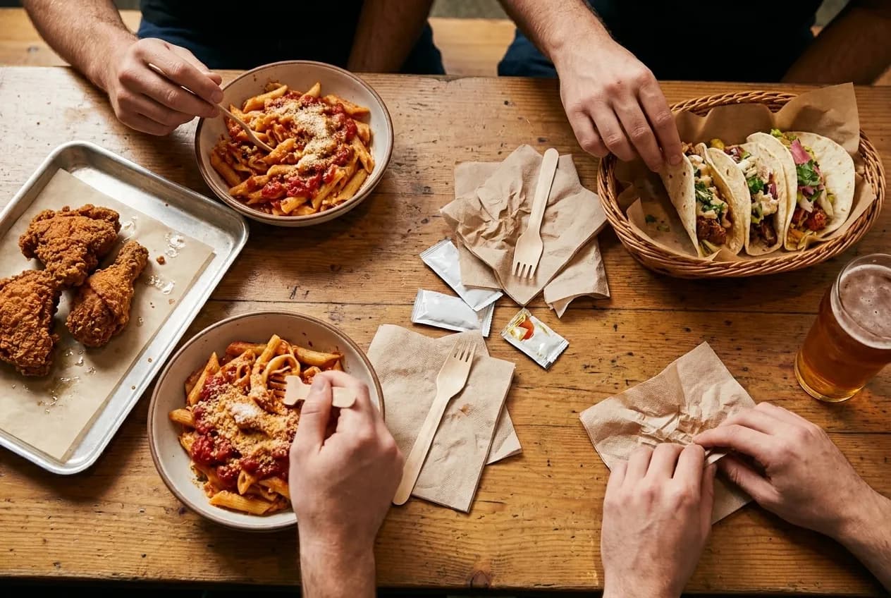 Fried chicken and pasta on trays at a shared food hall table