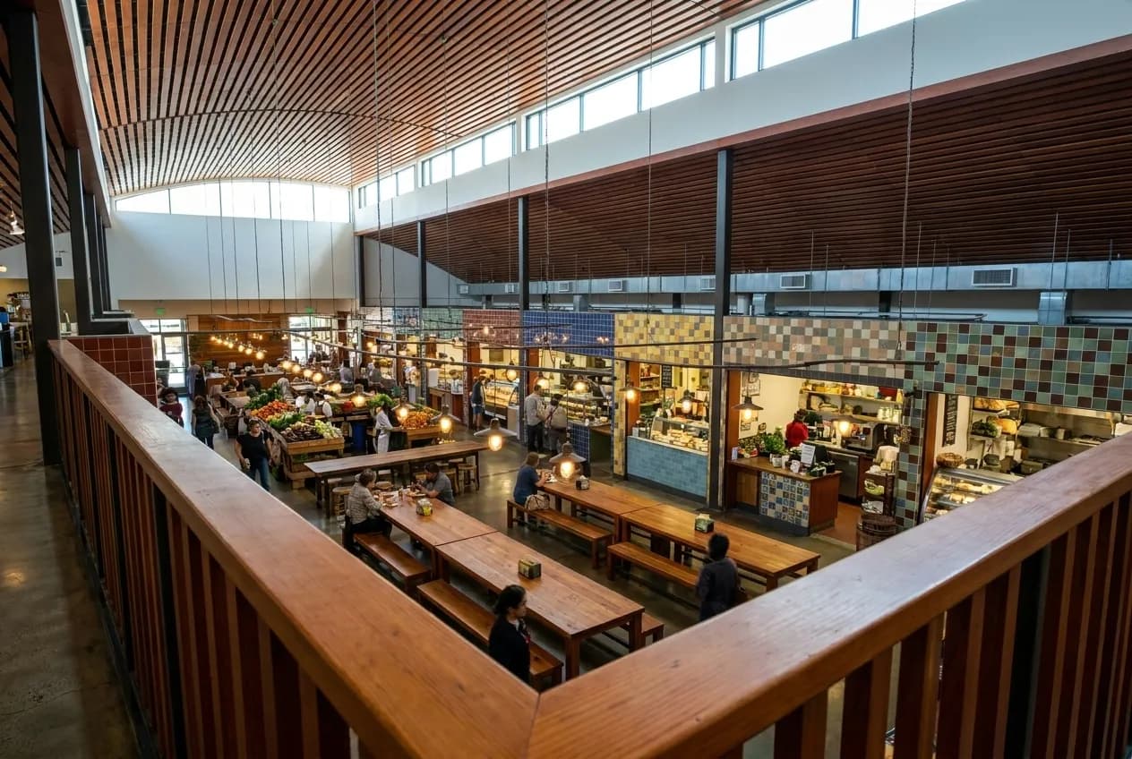 A two-storey market hall interior with a mezzanine and hanging lights above communal tables