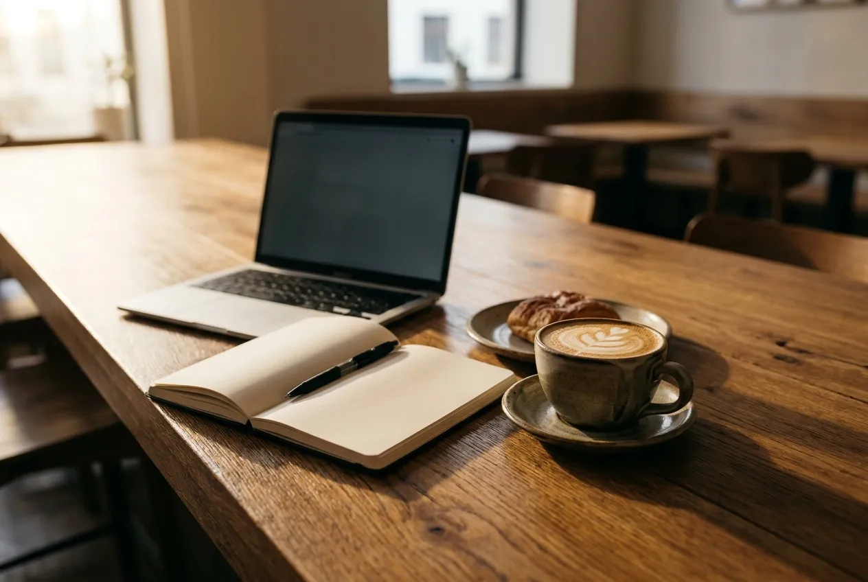 A laptop, notebook and latte on a communal wooden table in a bright hall