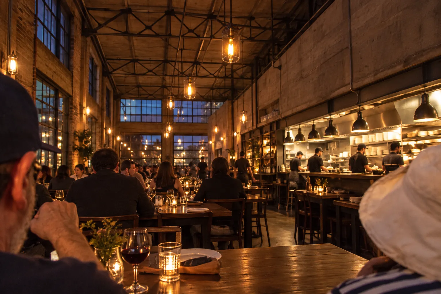 A converted-warehouse dining room early in evening service, filament lamps low over dark timber tables and cooks working in silhouette at an open pass