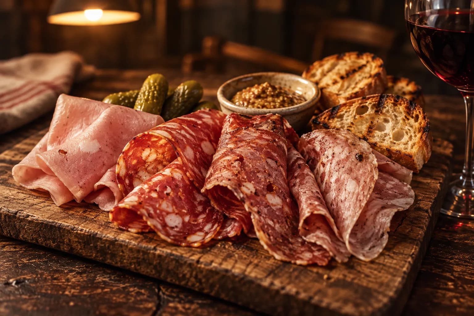 A wooden board of four kinds of thinly sliced cured meat draped beside mustard and grilled bread on a dark timber table under one warm hanging lamp