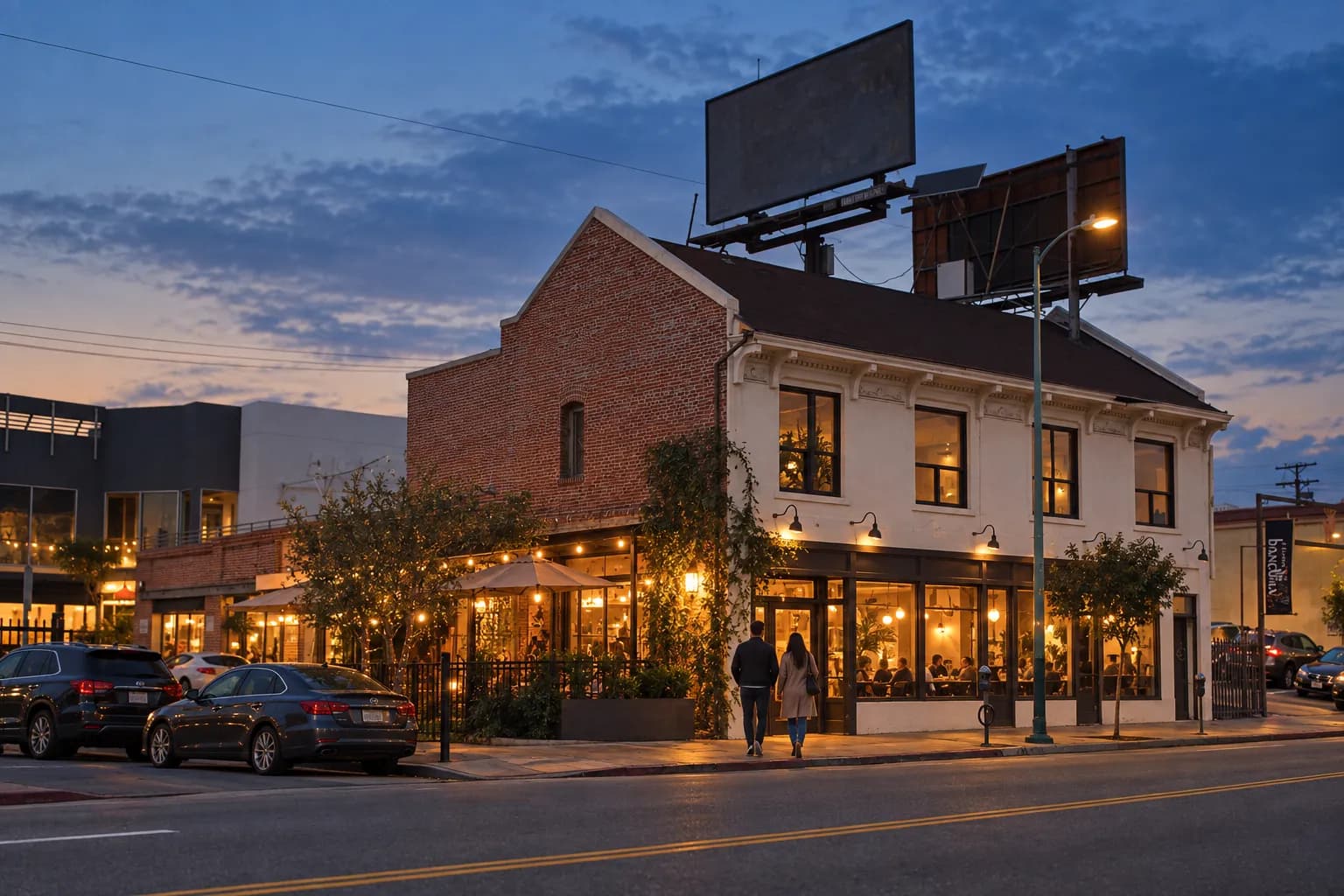 A low single-storey Los Angeles commercial street at blue hour, one warmly lit restaurant frontage glowing against the cooling sky