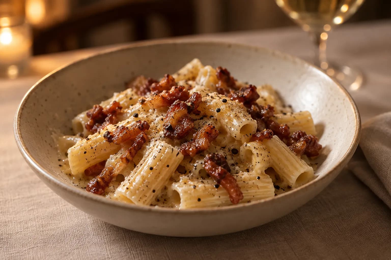 A shallow ceramic bowl of short tube pasta in a pale pecorino and black pepper sauce with crisped pork cheek, shot at an angle on a linen table