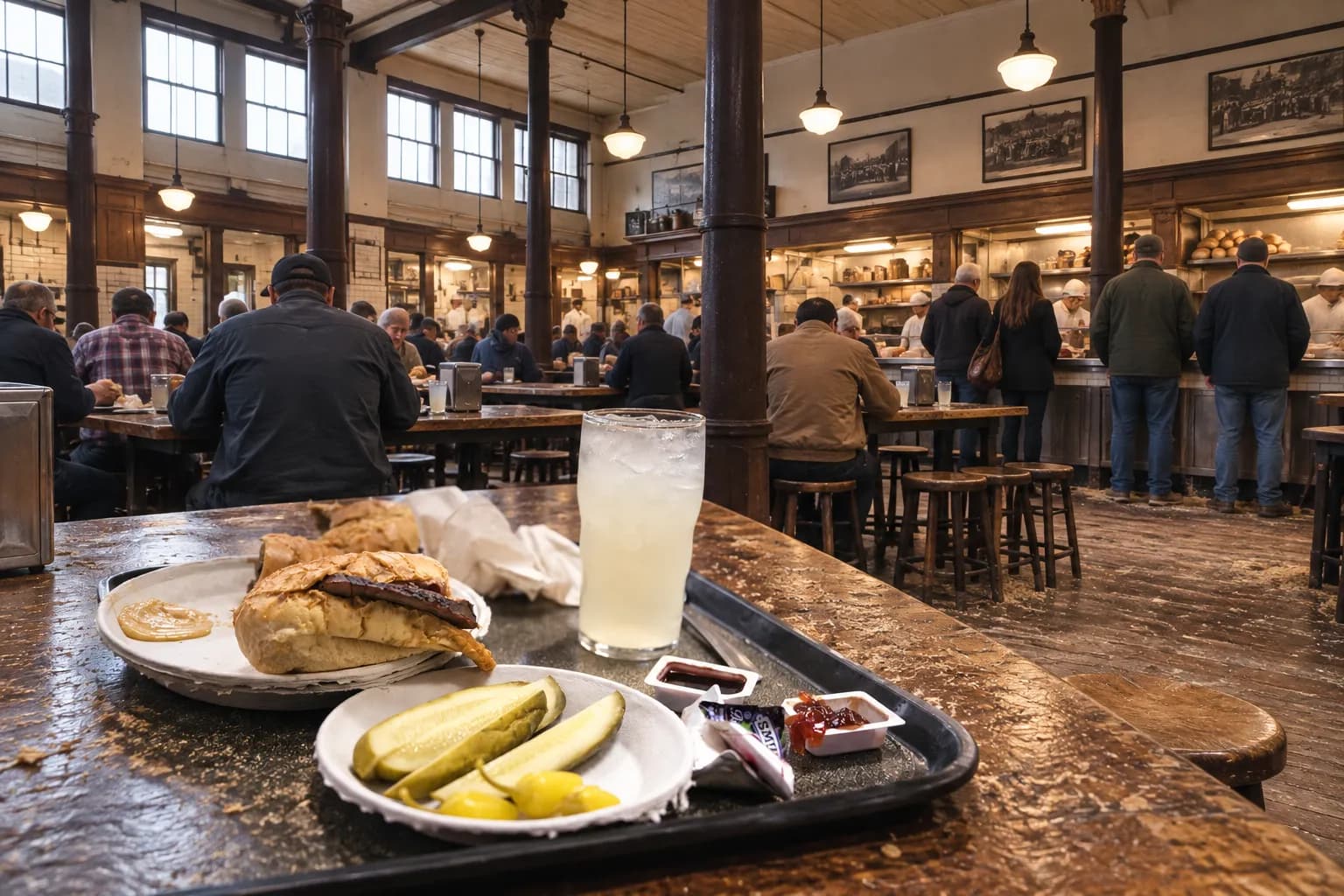 A large old sandwich hall in mid-morning with long communal tables, sawdust on a worn floor and a short queue at a counter along the far wall