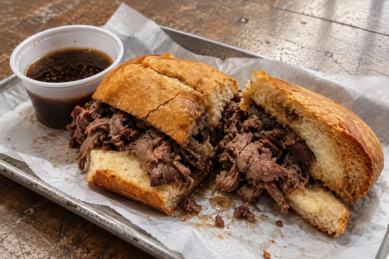 A roll sandwich cut in half on a paper-lined tray, thin-sliced roast beef overflowing and the bread darkened with juices, a paper cup of coffee beside it