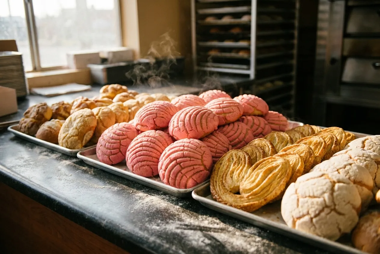 Fresh conchas and Mexican pastries on a bakery counter in the morning