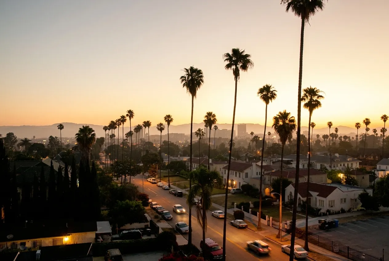 Empty Los Angeles street in early morning light before traffic builds