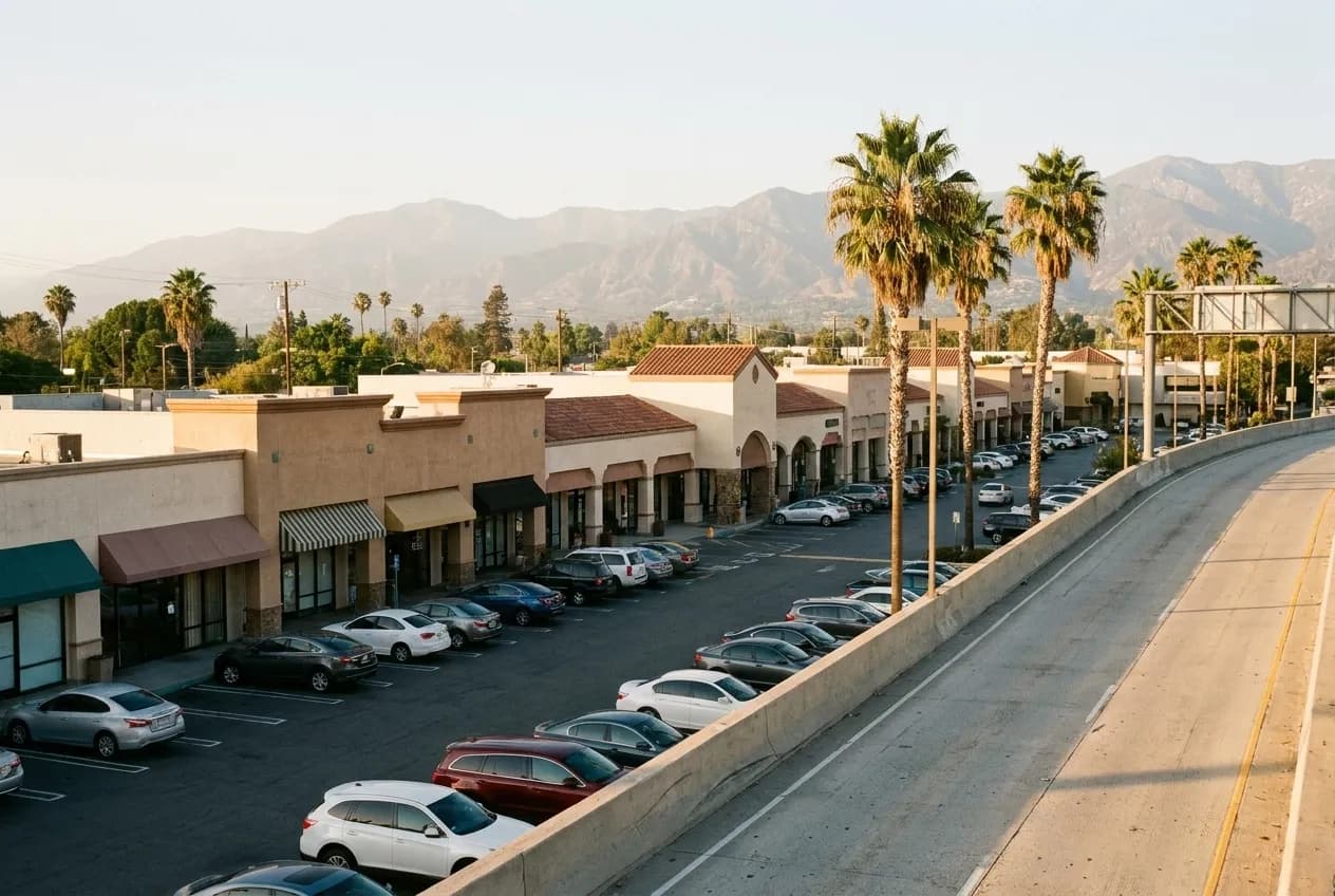 Strip mall cluster near a Los Angeles freeway exit on a clear afternoon