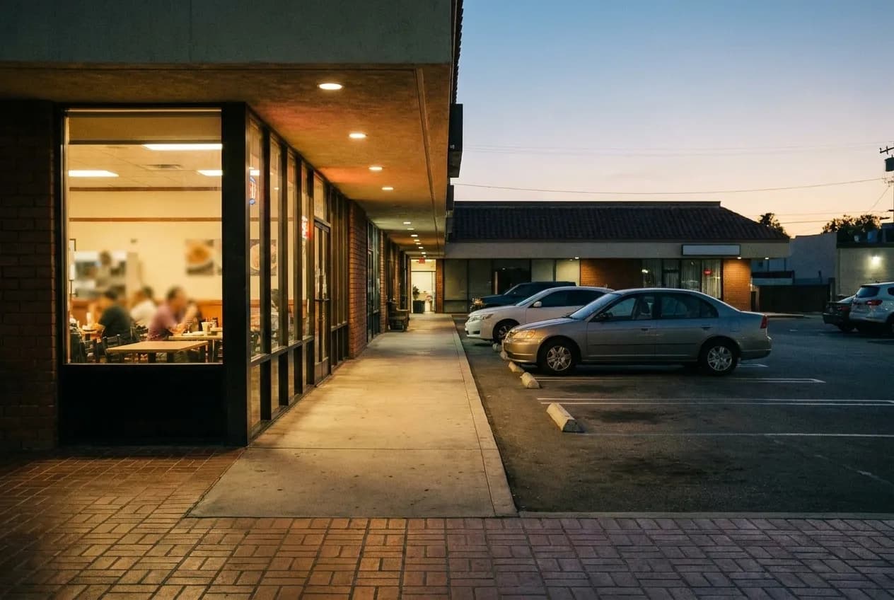 Small restaurant in a Los Angeles strip mall at dusk with warm interior lighting