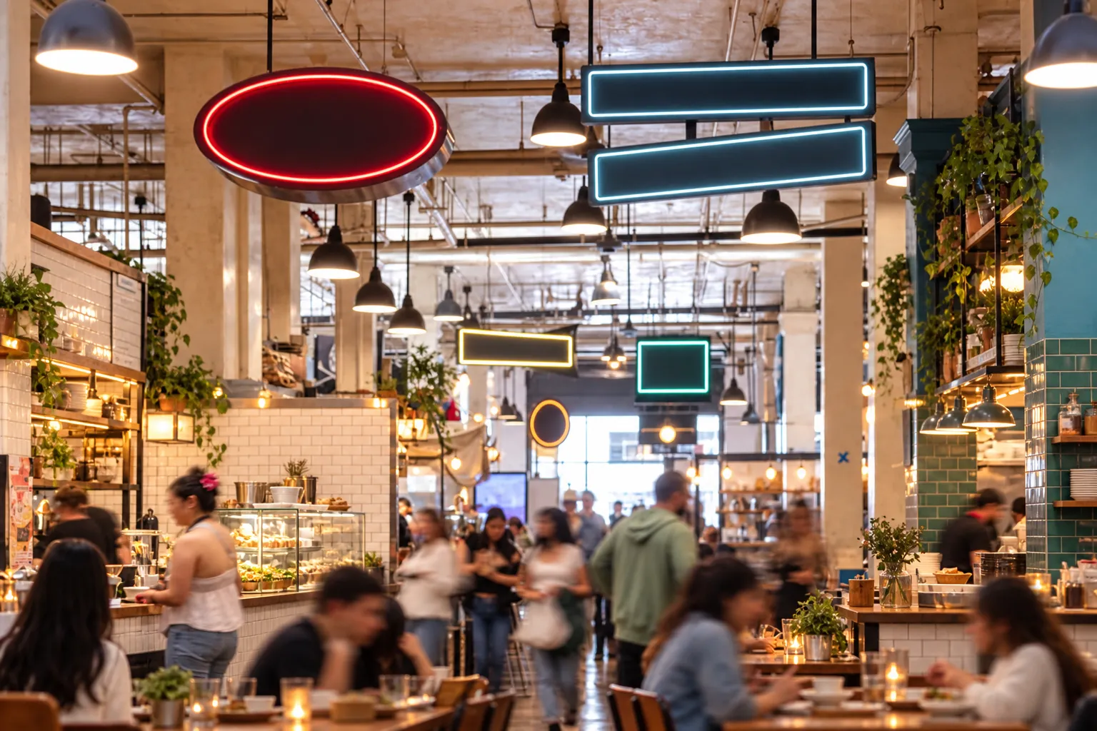 Interior of a historic downtown food hall with neon vendor signs, tiled counters and communal tables under a high open ceiling