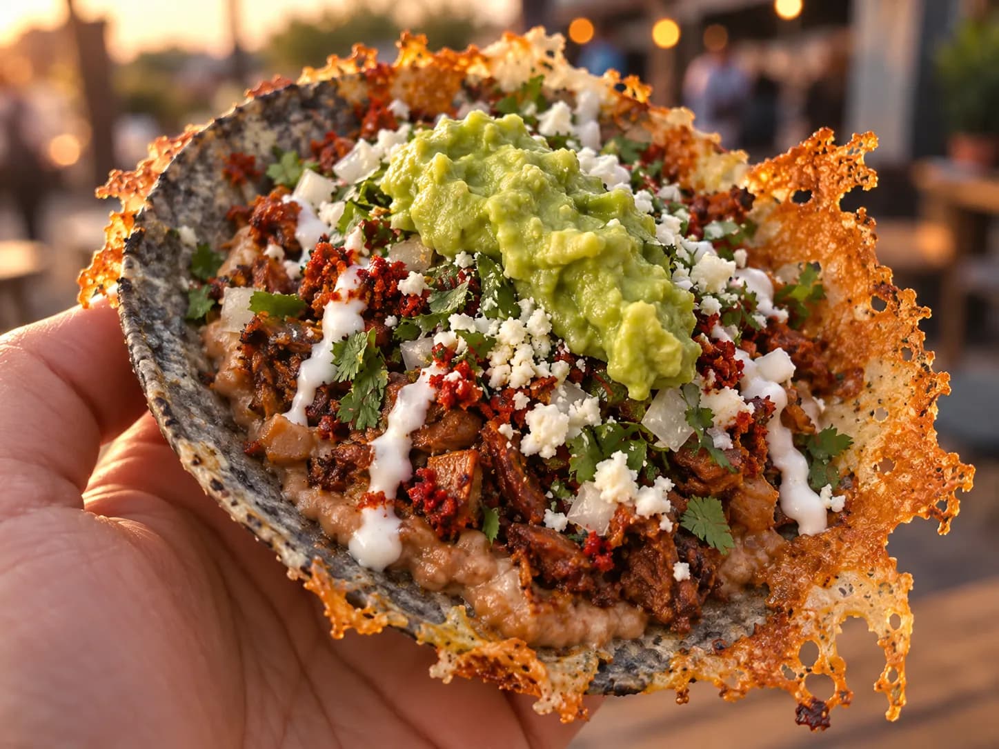 A blue corn taco loaded with refried beans, chopped meat, guacamole, cotija and crema with a crisp lacy skirt of melted cheese around the edge