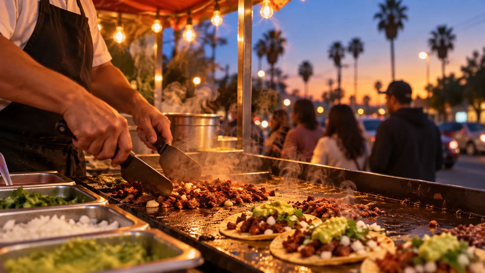 A busy open-air taco counter on a Los Angeles boulevard at dusk with a griddle, hanging string lights and people waiting on the forecourt