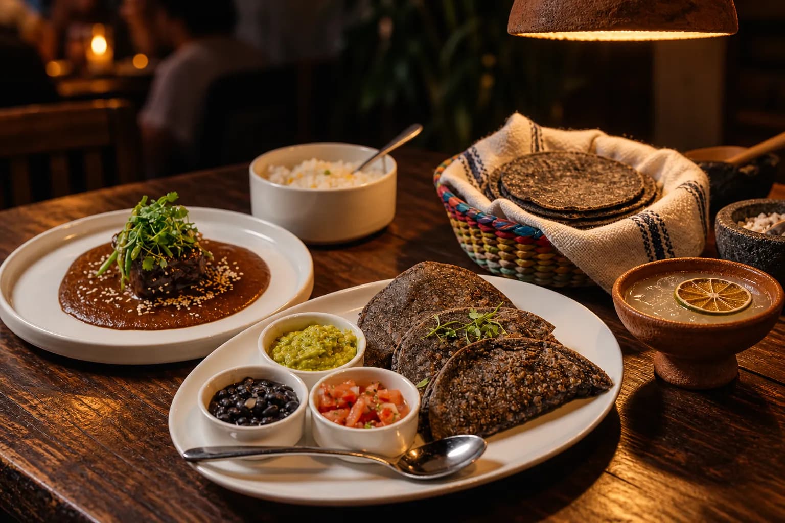 A plated dish of handmade corn tortillas beside a mezcal cocktail in a clay copita, on a dark wood table lit by warm low light