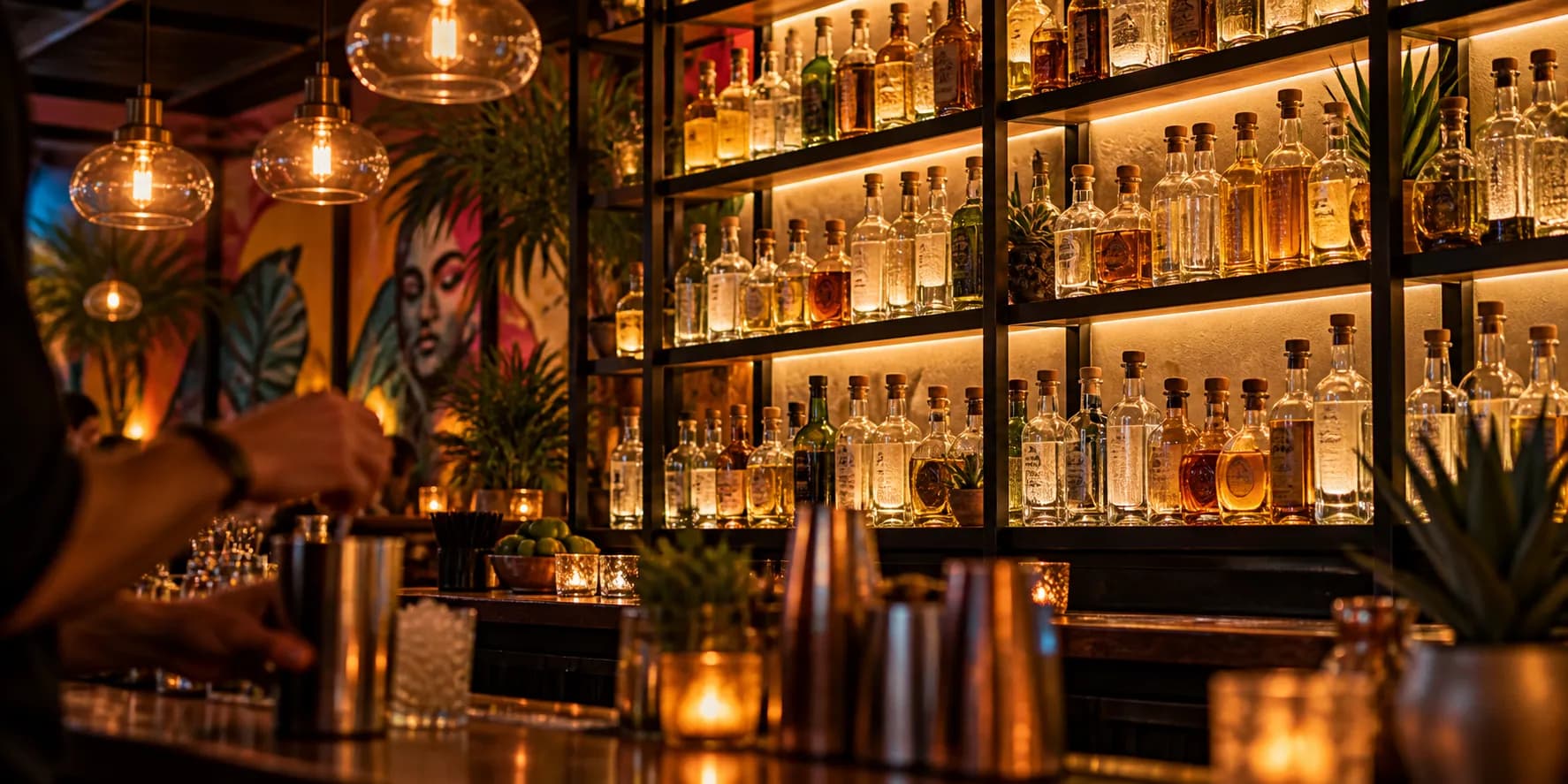 Interior of a Wynwood restaurant bar with a tall backlit shelf of agave spirit bottles, dark timber and hanging pendant lights above the bar counter