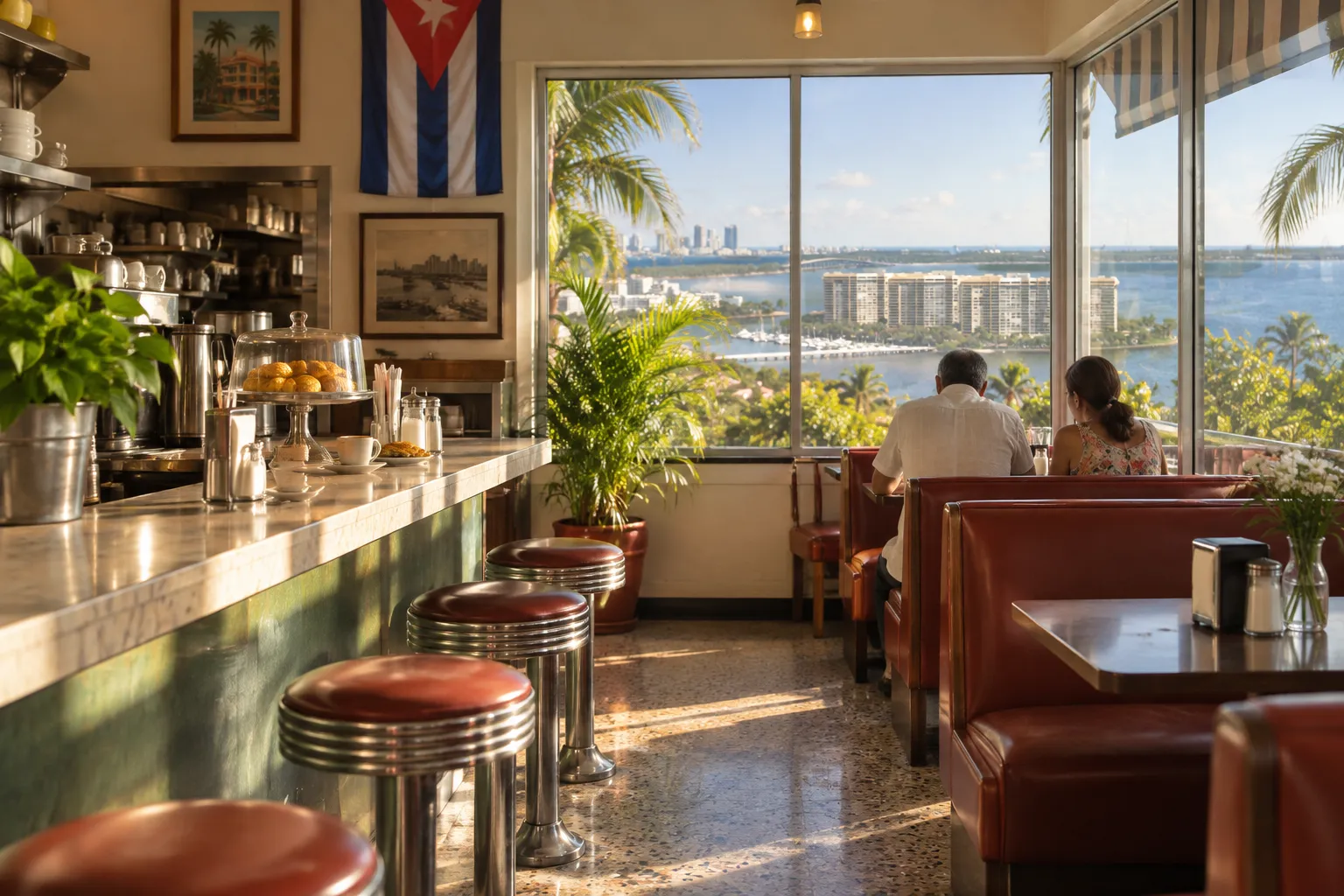 A small diner room shortly after opening, early sun coming sideways through the front glass onto an empty counter with tropical greenery outside