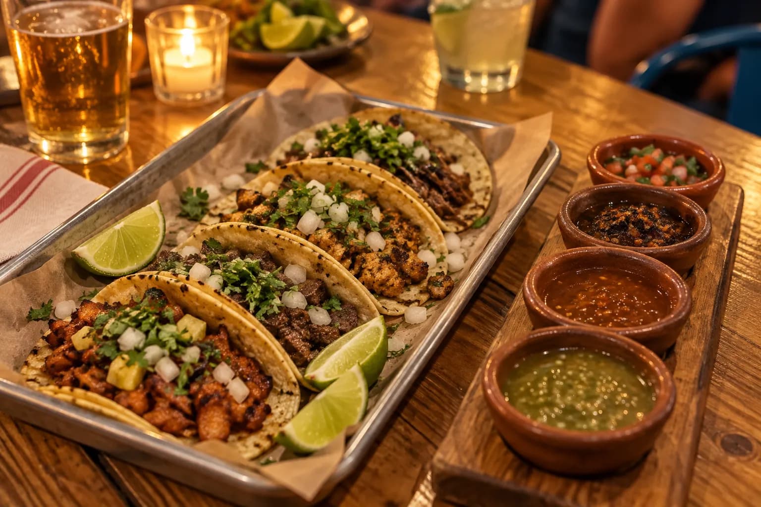 A tray of street tacos with chopped onion, coriander and lime wedges beside a salsa flight in small clay bowls on a communal wooden table