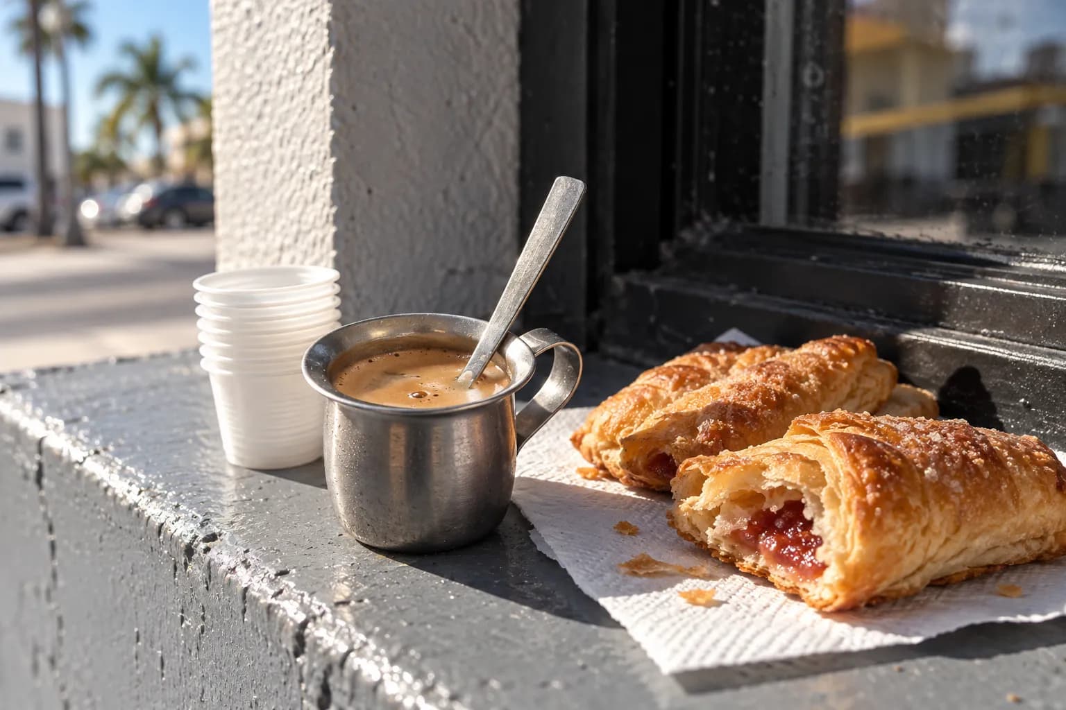 A tiny cup of dark sweetened coffee, a stack of thimble cups and two flaky guava pastries on a painted concrete window ledge in hard daylight