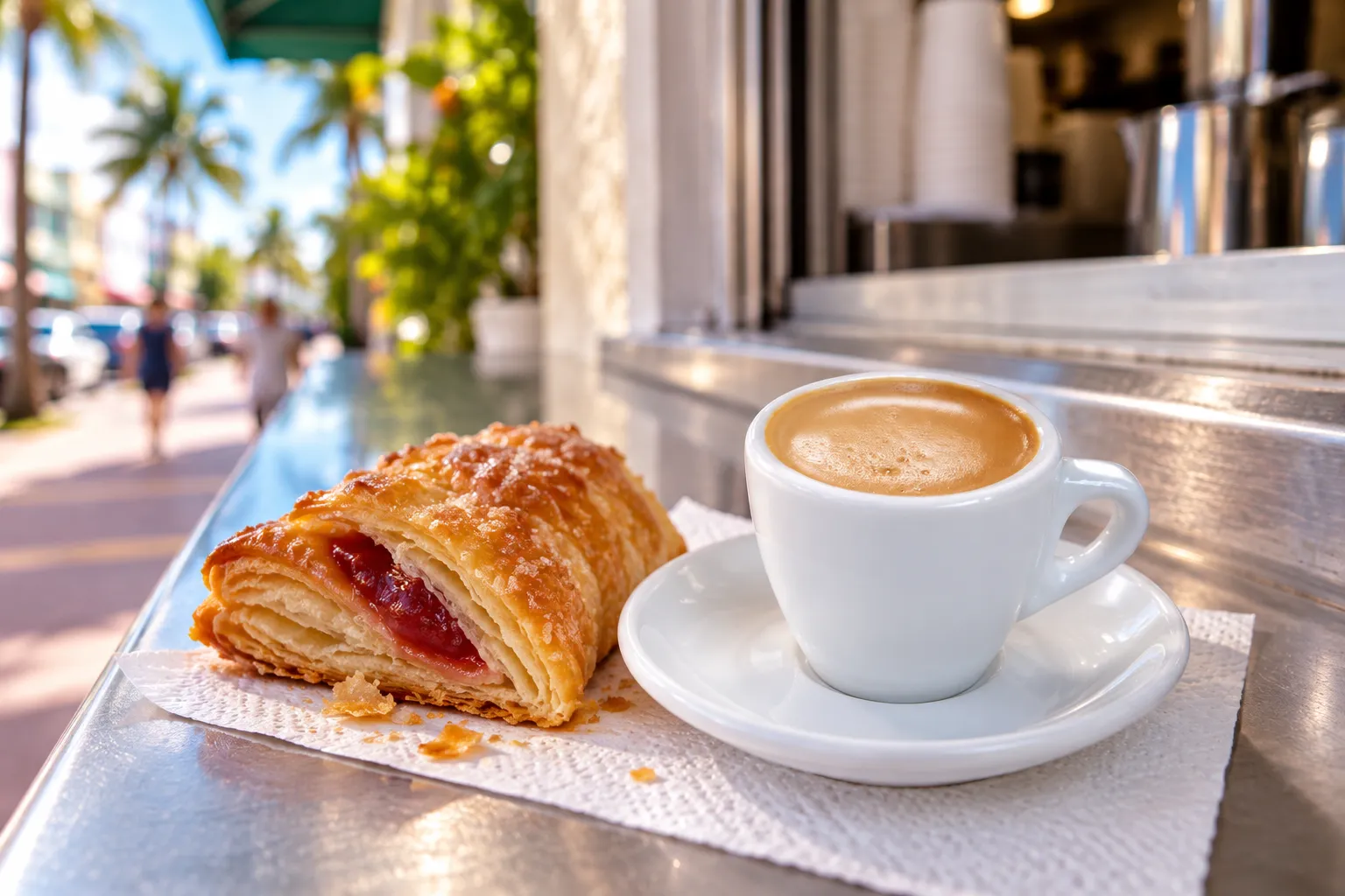 A flaky guava pastelito beside a small coffee on the marble counter of a Miami walk-up café window in bright daylight