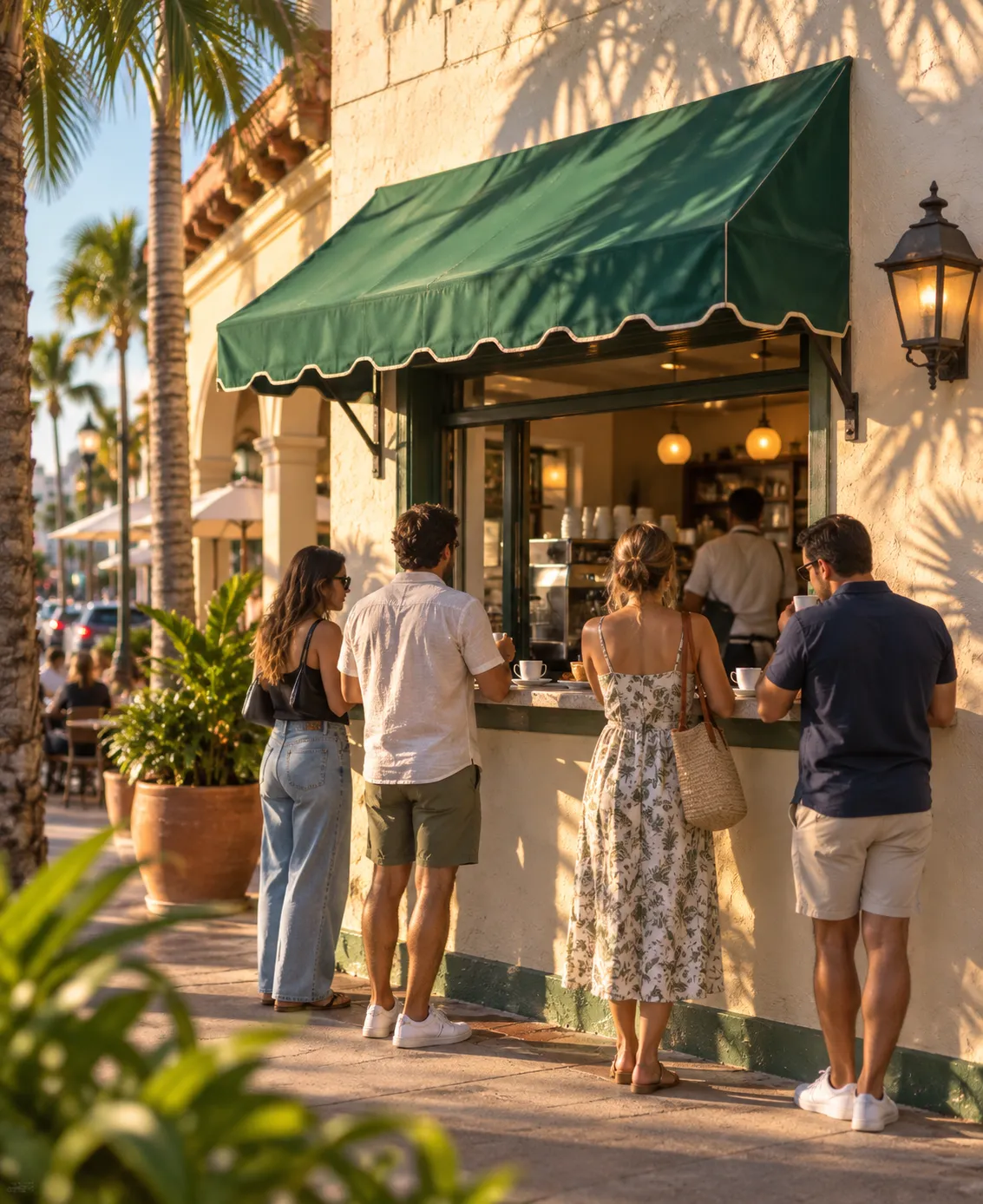 The exterior walk-up coffee window of a large Cuban restaurant on Calle Ocho with people standing at the counter under a green awning